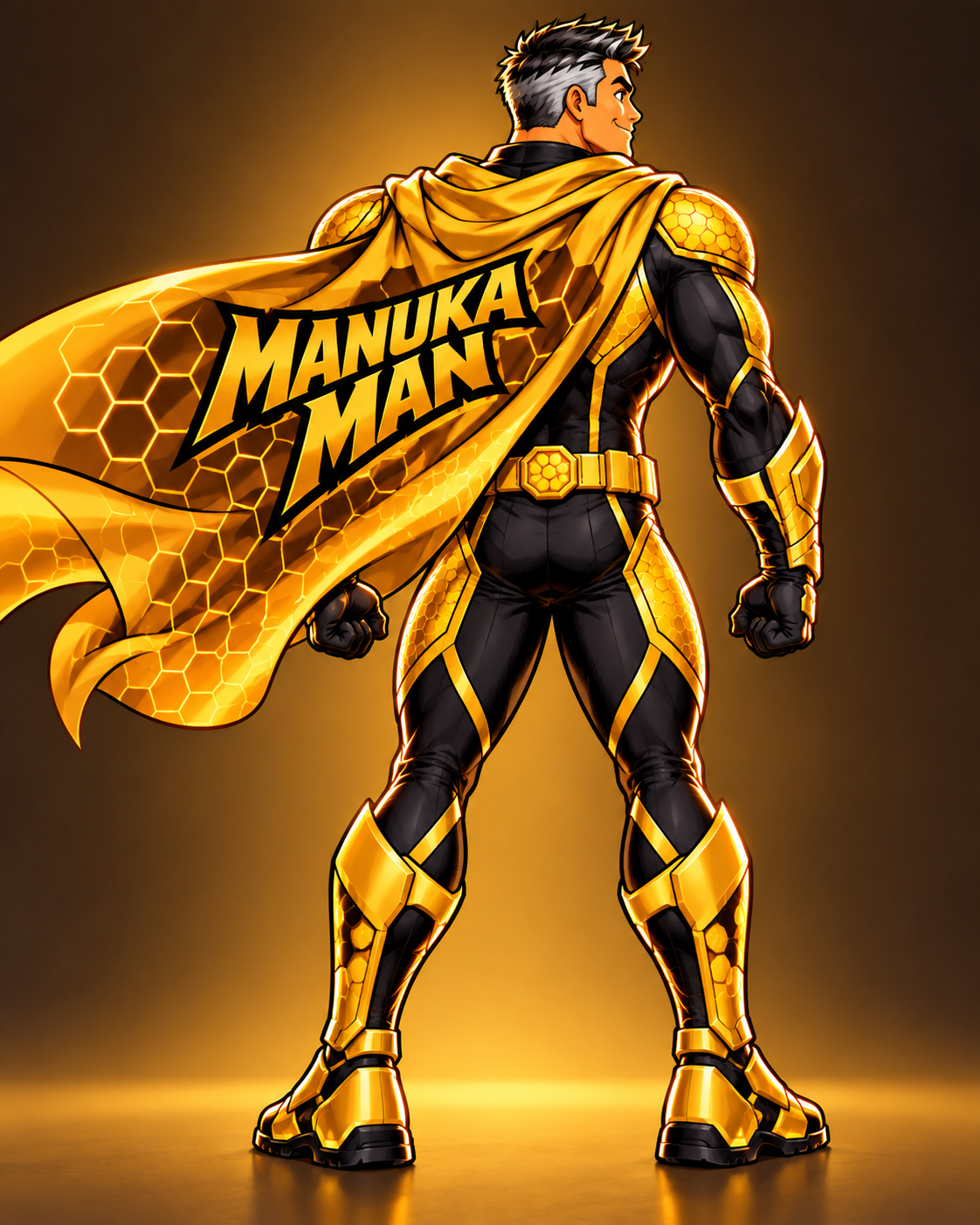 ManukaMan seen from behind, golden cape bearing the ManukaMan wordmark
