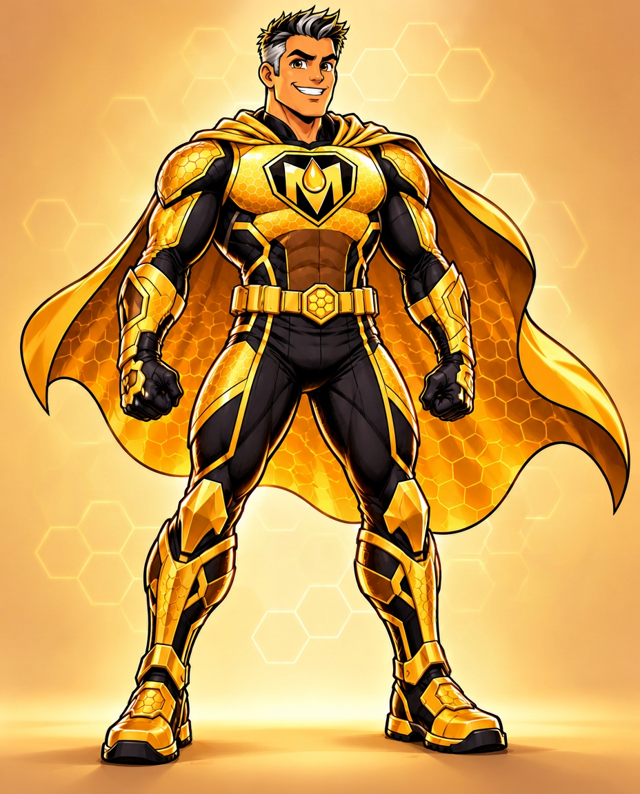ManukaMan in his gold-and-black suit with a flowing gold cape