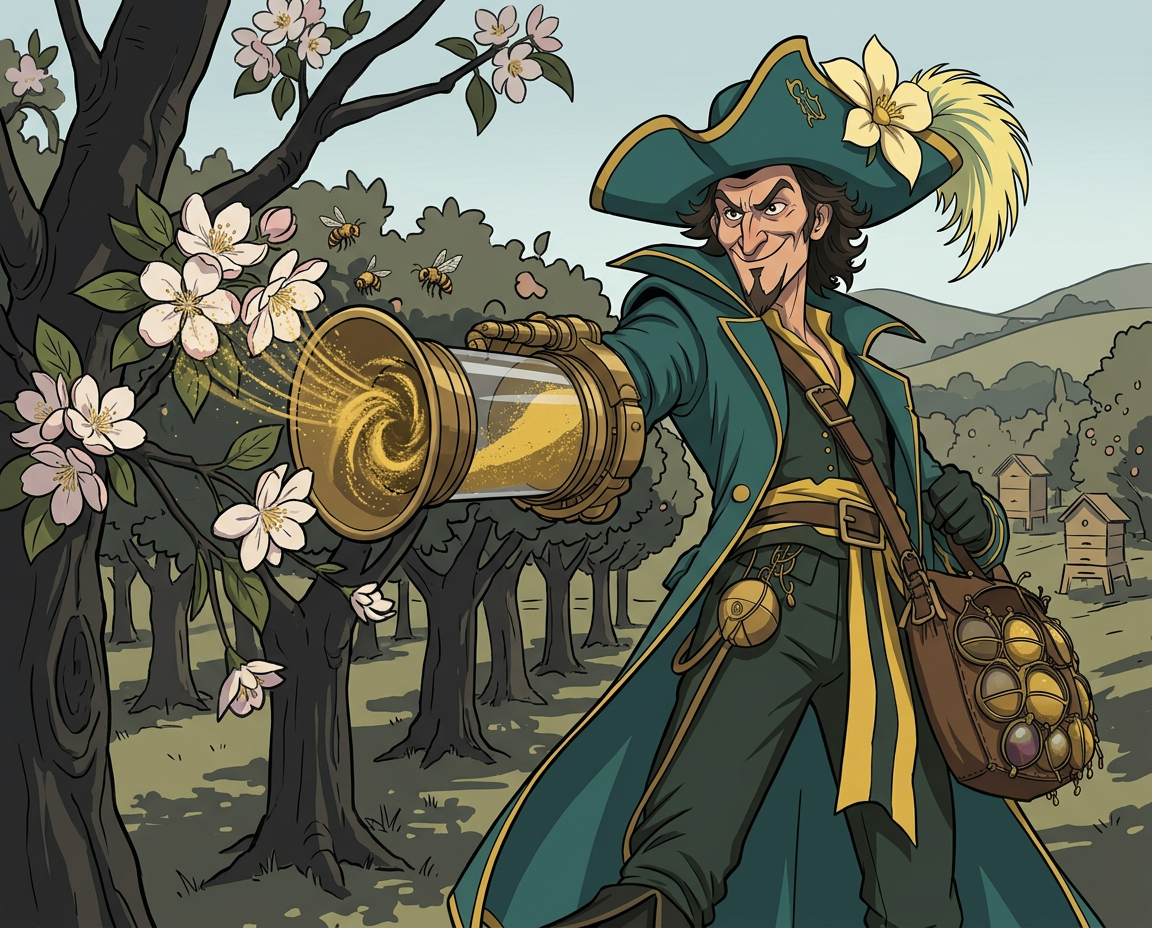 The Pollen Pirate steals pollen from Honeyvale's orchard blossoms