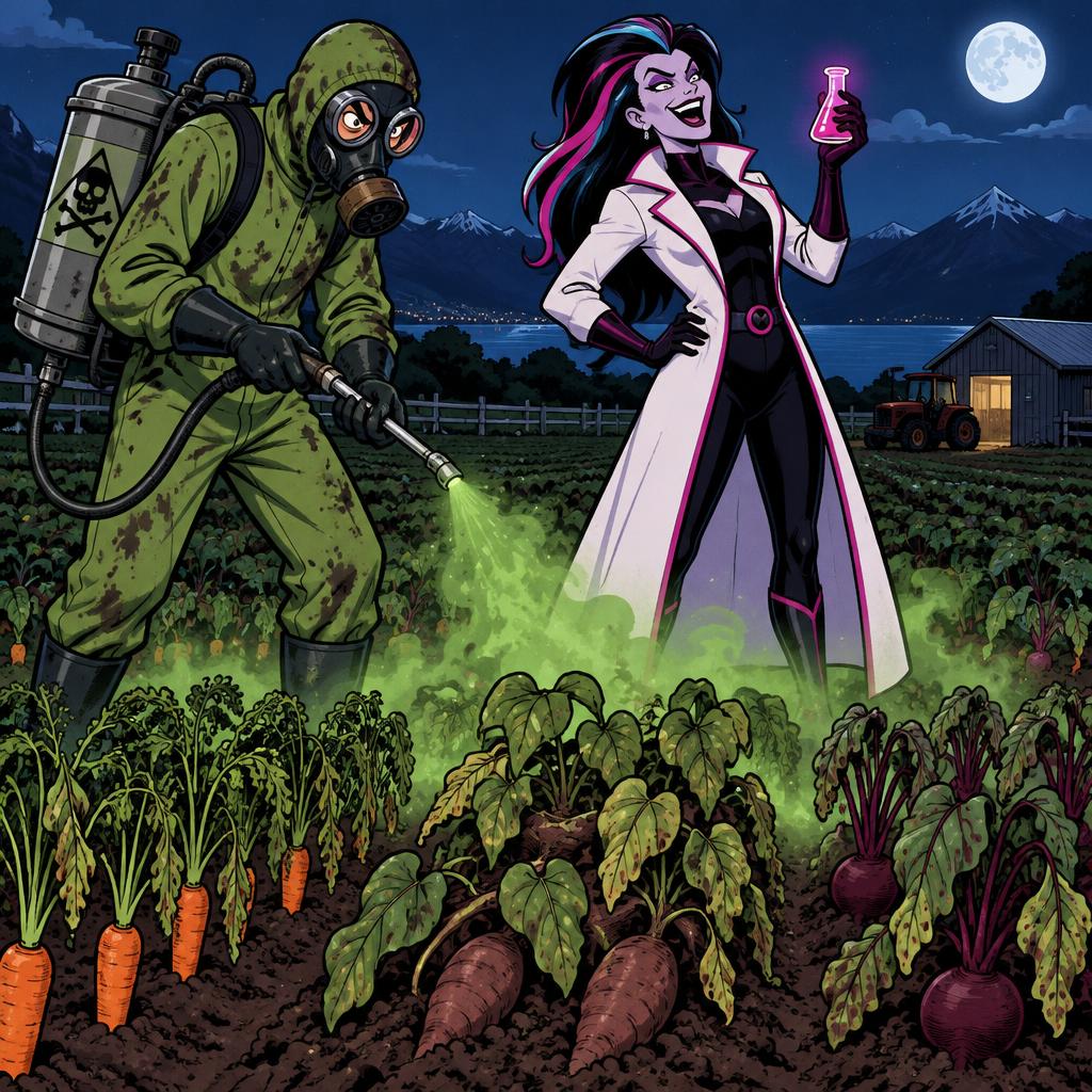 Pesticide Pete and Lady Artificial plot against Honeyvale's vegetable farm at night