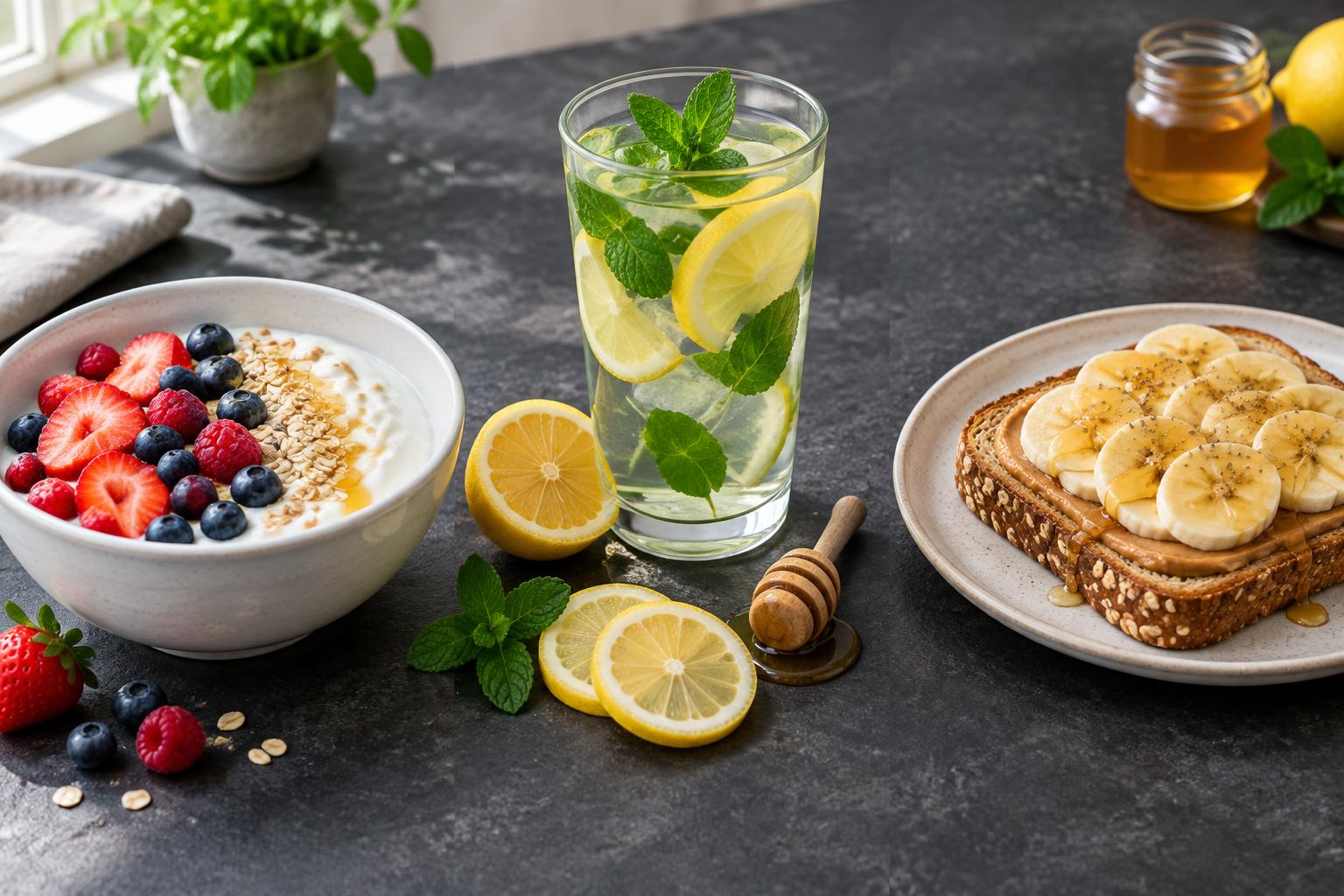 Berry yogurt bowl, lemon water and banana toast with honey