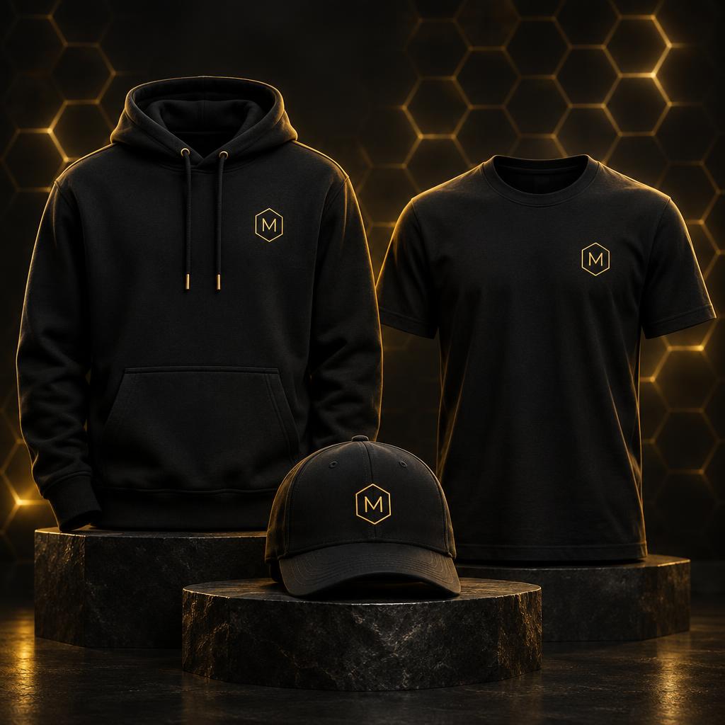 Black hoodie, cap and t-shirt, each printed with the golden M inside a hexagon