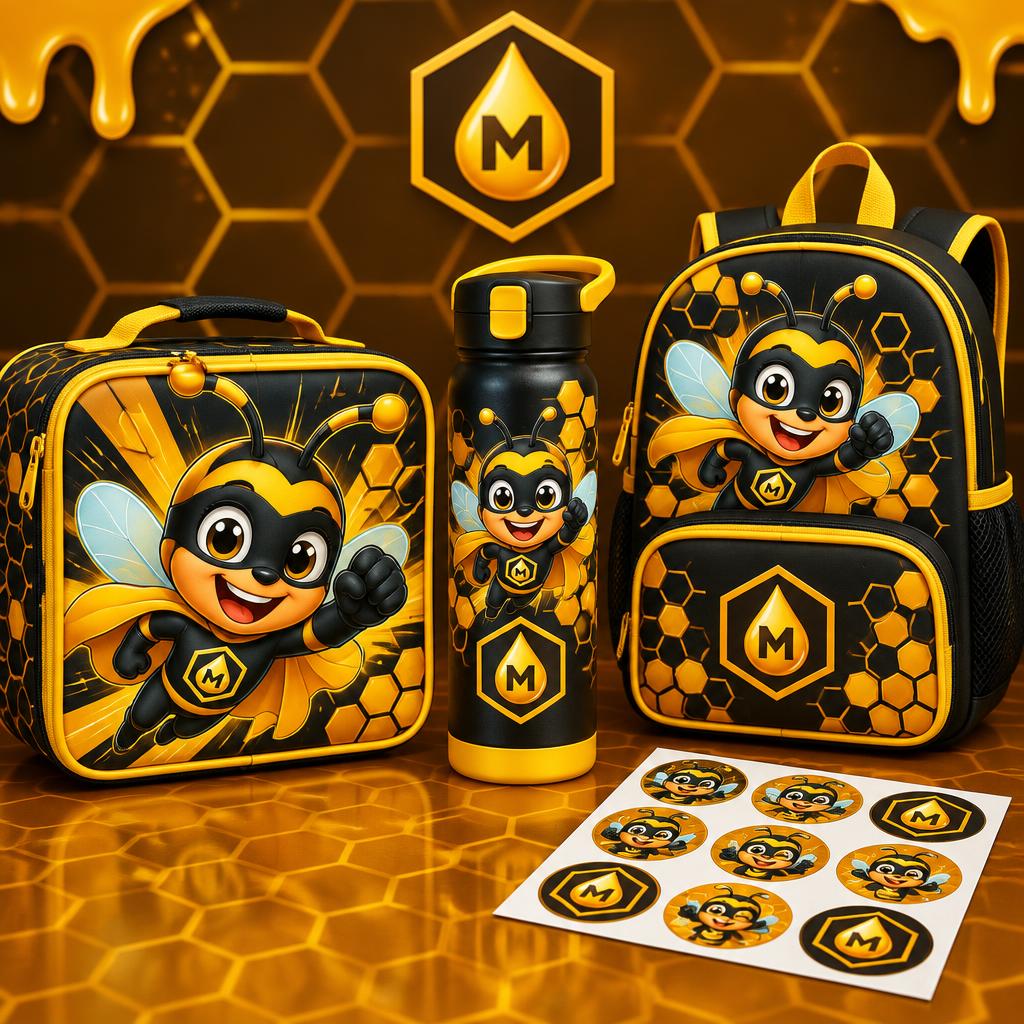 Kids' lunchbox, water bottle, backpack and sticker sheet featuring ManukaMan and the Golden M emblem