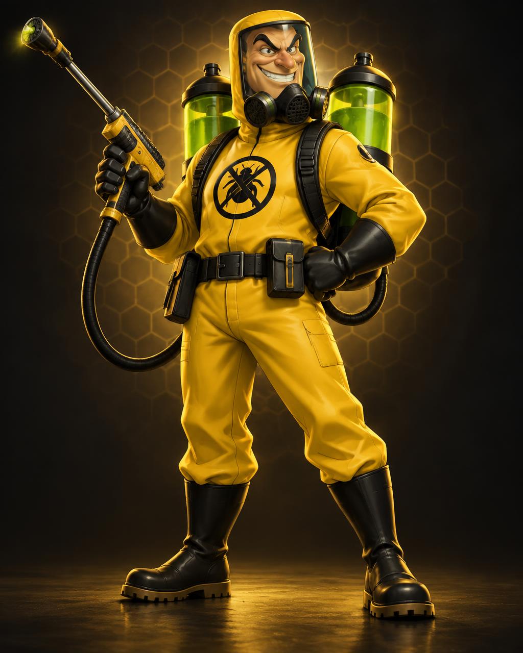 Pesticide Pete in his yellow suit with twin canisters and spray gun