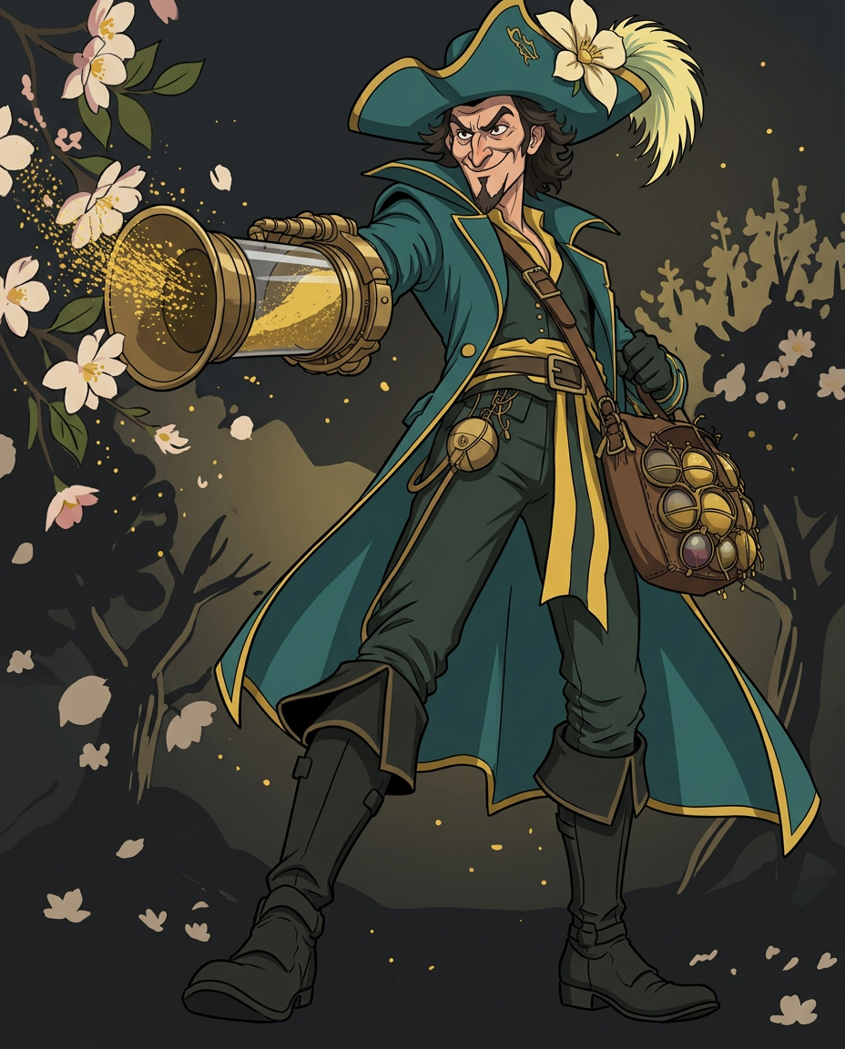 The Pollen Pirate stealing pollen from fruit blossoms with his brass gauntlet